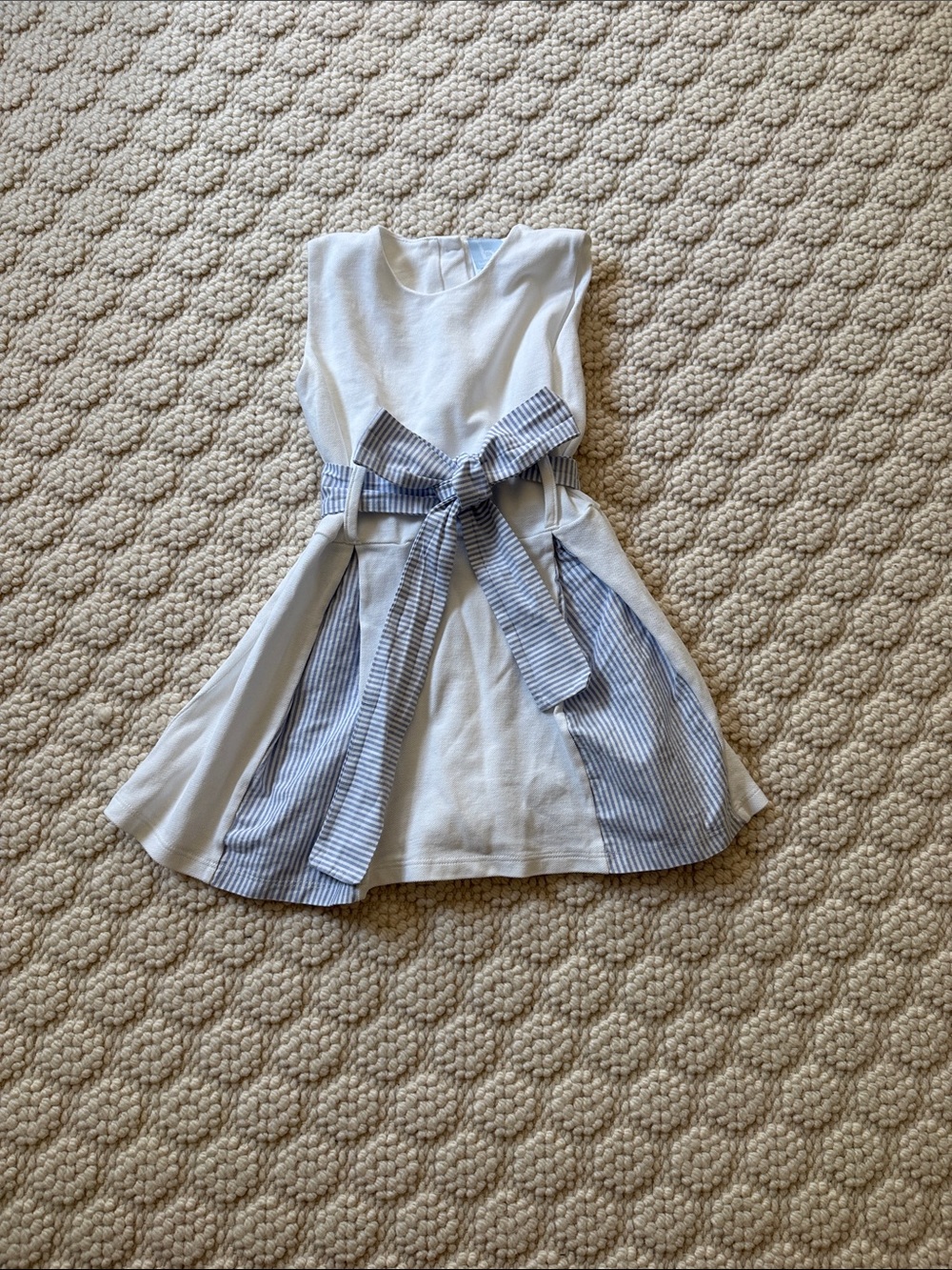 NBW Bella Bliss White Dress with Blue Stripe Bow Accent